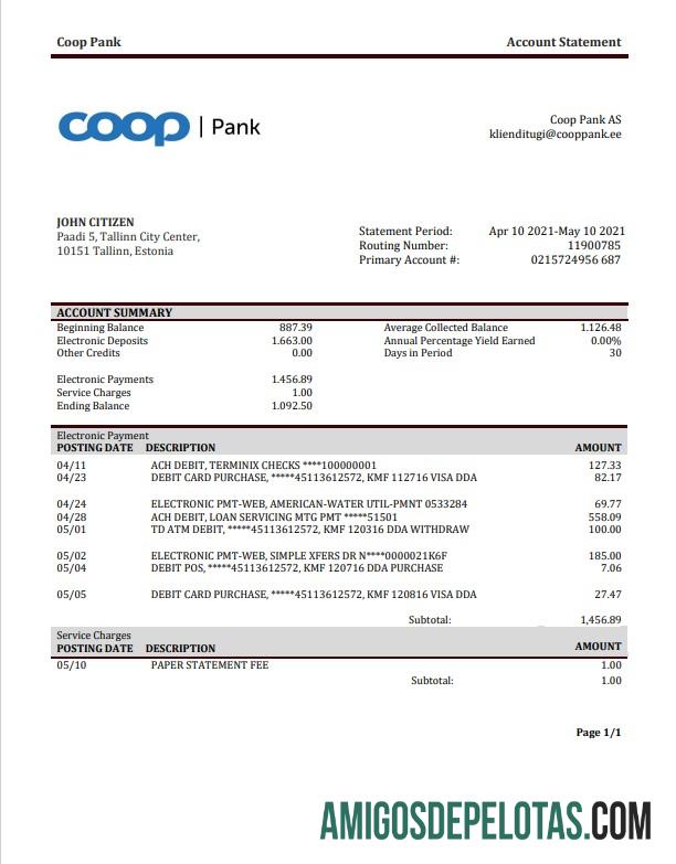 modelo realista de extrato bancário de comprovante de endereço da Estônia Coop Pank em formato Word e PDF